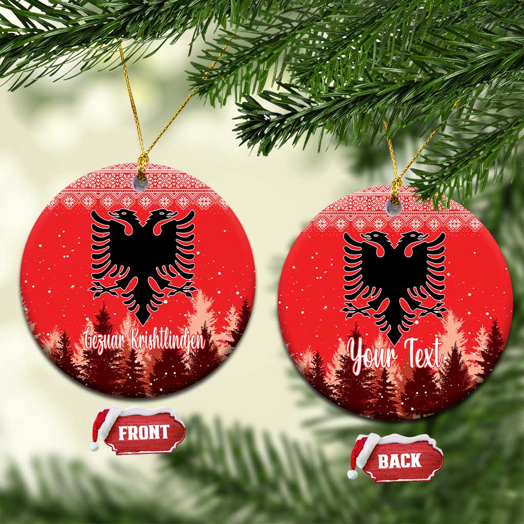 Red ceramic round ornament with double-headed eagle and personalized holiday lettering, hanging loop.