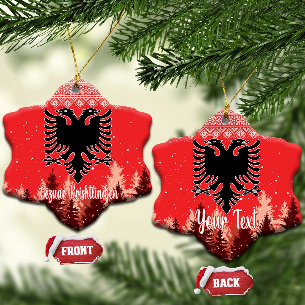 Red ceramic snowflake-shaped ornament with double-headed eagle and personalized lettering, hanging loop.