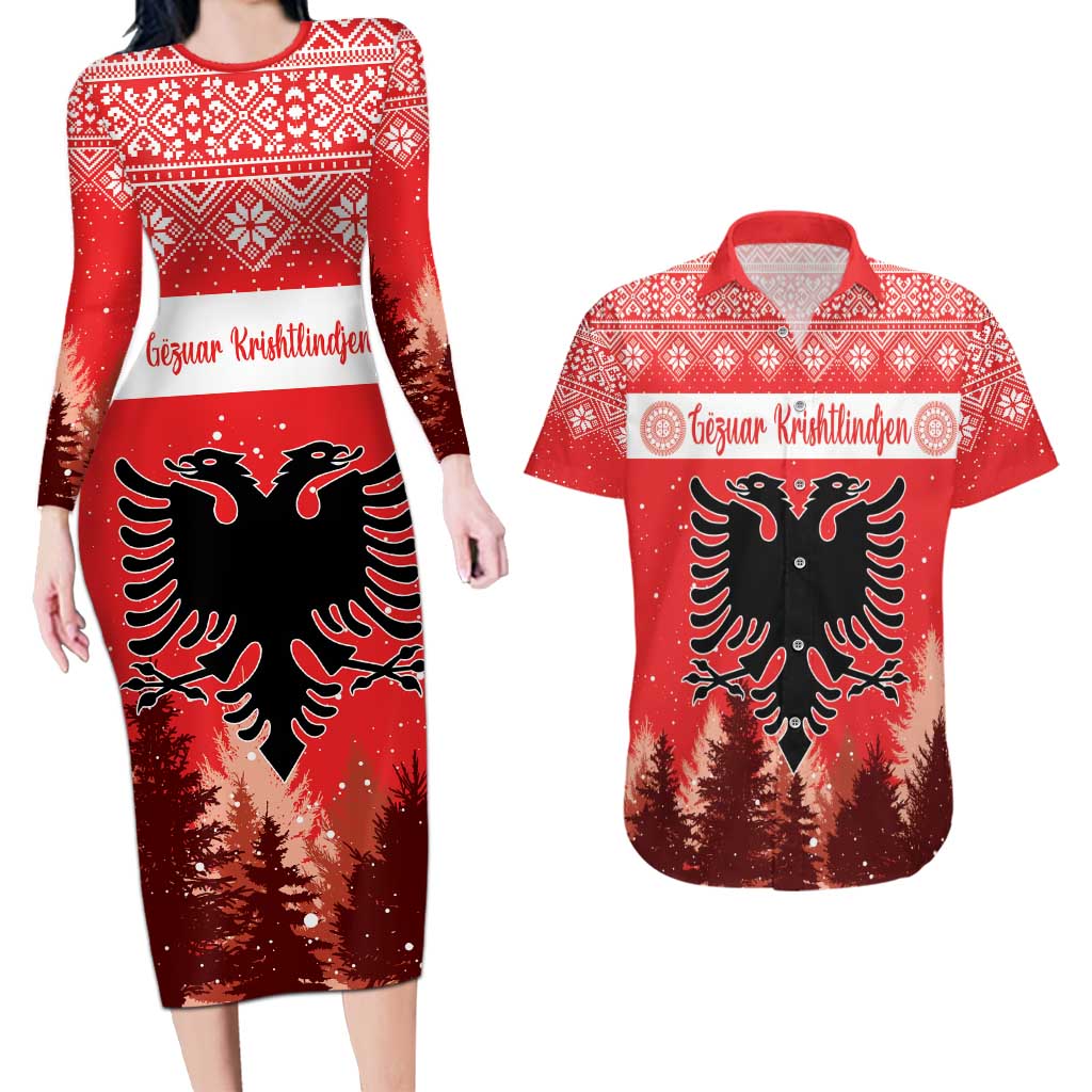 Personalized Albania Christmas Couples Matching Long Sleeve Bodycon Dress and Hawaiian Shirt The Double-headed Eagle Christmas Pattern - Wonder Print Shop