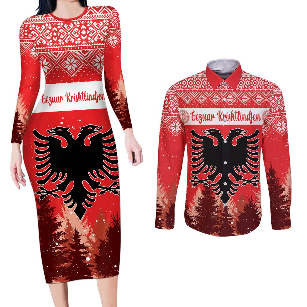 Personalized Albania Christmas Couples Matching Long Sleeve Bodycon Dress and Long Sleeve Button Shirt The Double-headed Eagle Christmas Pattern - Wonder Print Shop