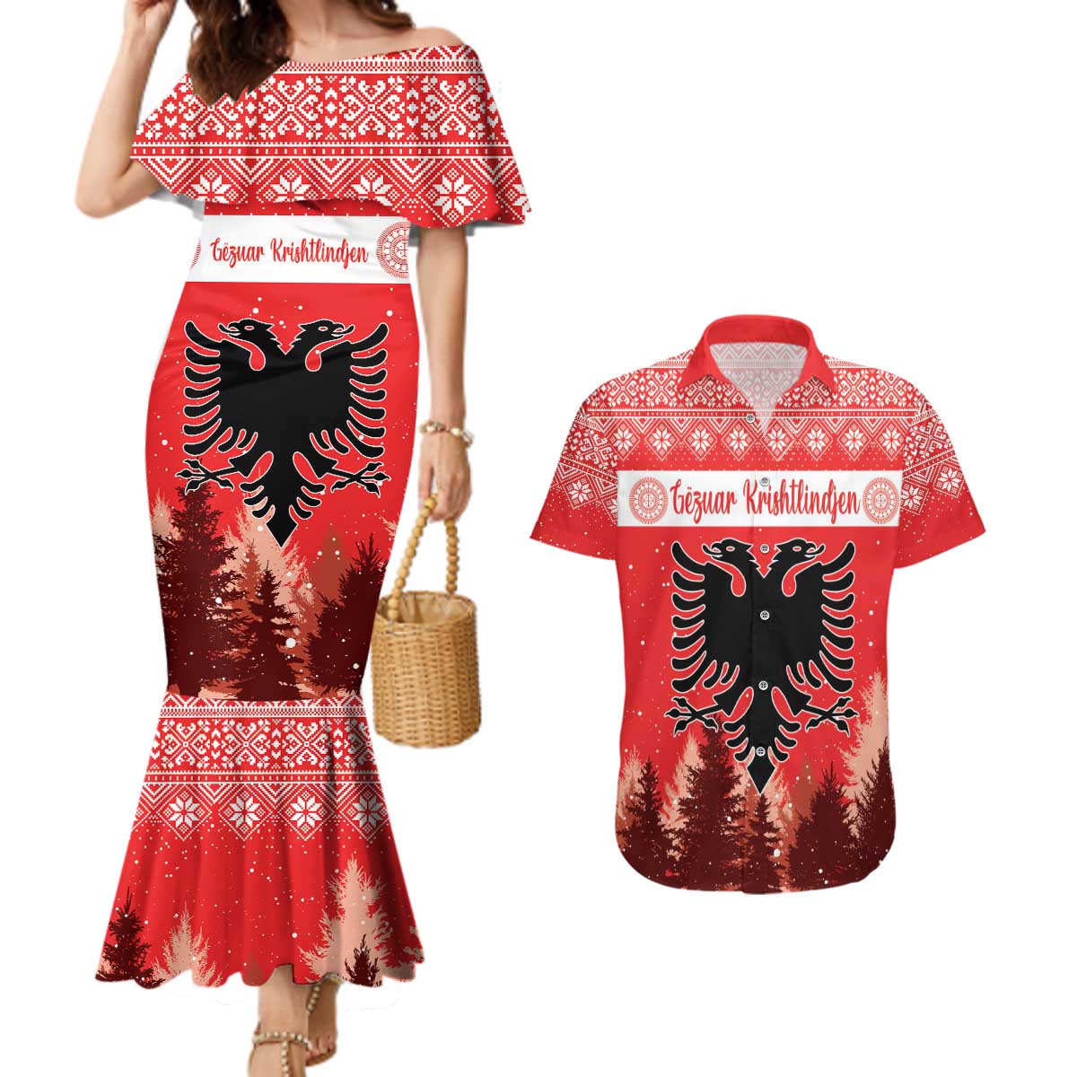 Personalized Albania Christmas Couples Matching Mermaid Dress and Hawaiian Shirt The Double-headed Eagle Christmas Pattern - Wonder Print Shop