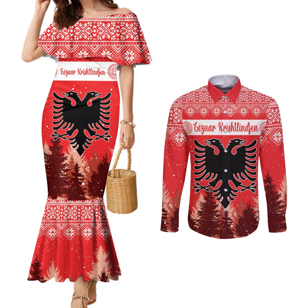 Personalized Albania Christmas Couples Matching Mermaid Dress and Long Sleeve Button Shirt The Double-headed Eagle Christmas Pattern