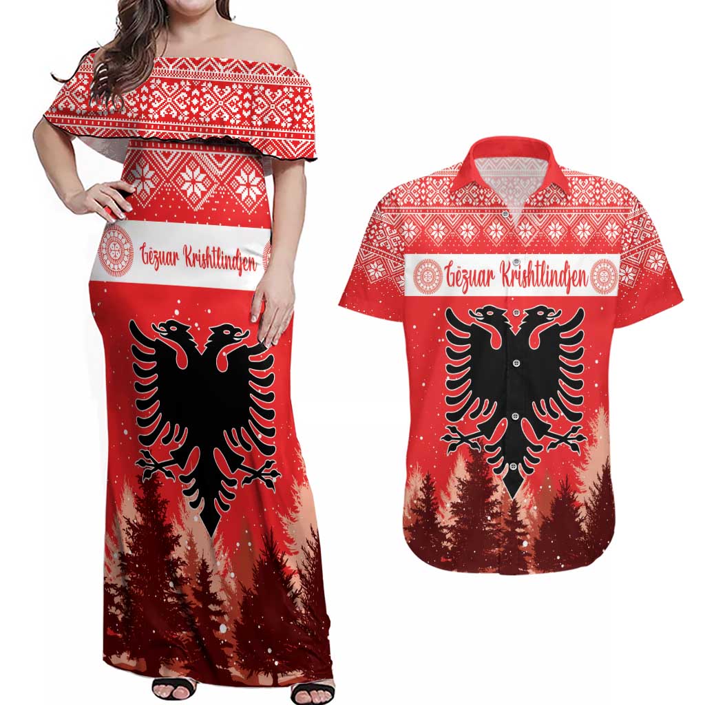 Personalized Albania Christmas Couples Matching Off Shoulder Maxi Dress and Hawaiian Shirt The Double-headed Eagle Christmas Pattern - Wonder Print Shop