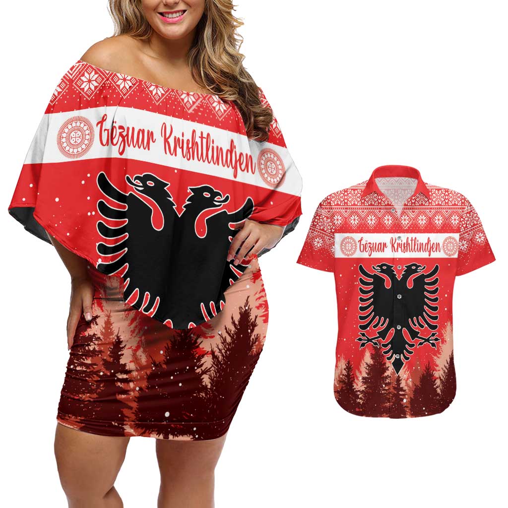 Personalized Albania Christmas Couples Matching Off Shoulder Short Dress and Hawaiian Shirt The Double-headed Eagle Christmas Pattern - Wonder Print Shop