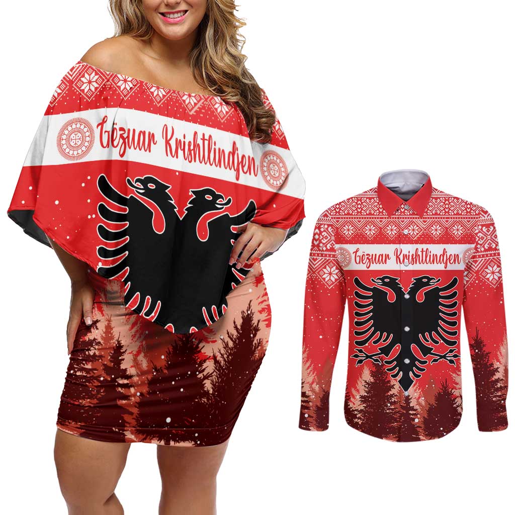 Personalized Albania Christmas Couples Matching Off Shoulder Short Dress and Long Sleeve Button Shirt The Double-headed Eagle Christmas Pattern - Wonder Print Shop