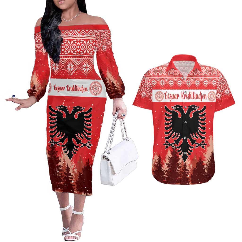 Personalized Albania Christmas Couples Matching Off The Shoulder Long Sleeve Dress and Hawaiian Shirt The Double-headed Eagle Christmas Pattern - Wonder Print Shop