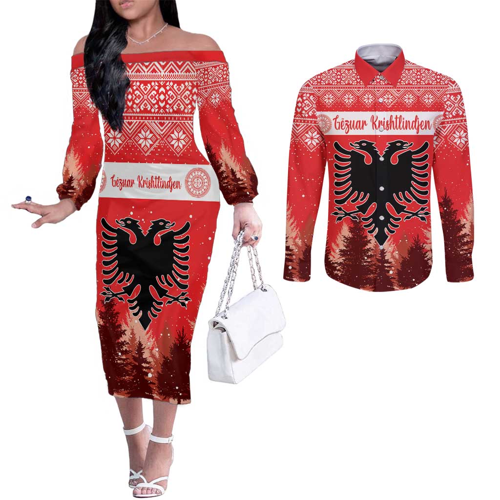 Personalized Albania Christmas Couples Matching Off The Shoulder Long Sleeve Dress and Long Sleeve Button Shirt The Double-headed Eagle Christmas Pattern