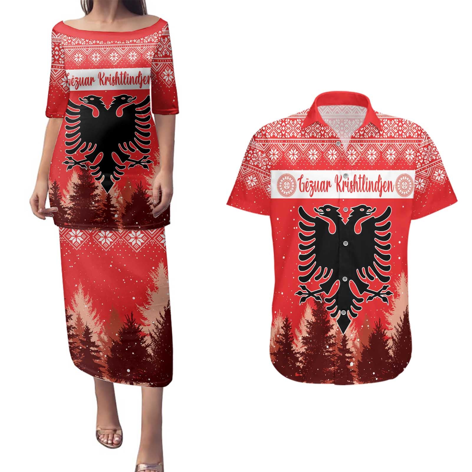 Personalized Albania Christmas Couples Matching Puletasi and Hawaiian Shirt The Double-headed Eagle Christmas Pattern - Wonder Print Shop