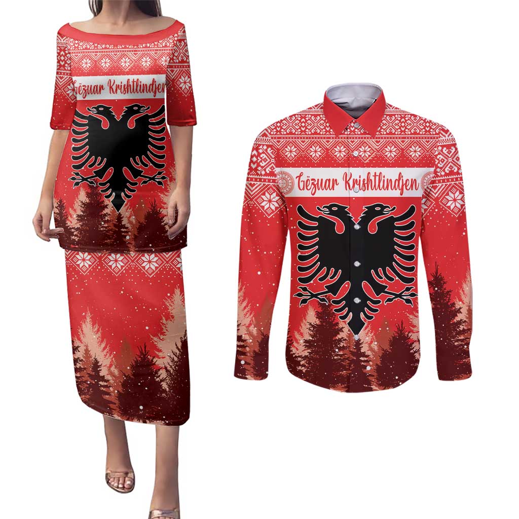 Personalized Albania Christmas Couples Matching Puletasi and Long Sleeve Button Shirt The Double-headed Eagle Christmas Pattern - Wonder Print Shop