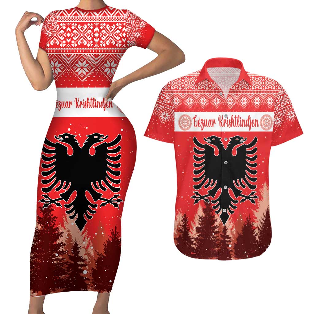 Personalized Albania Christmas Couples Matching Short Sleeve Bodycon Dress and Hawaiian Shirt The Double-headed Eagle Christmas Pattern - Wonder Print Shop