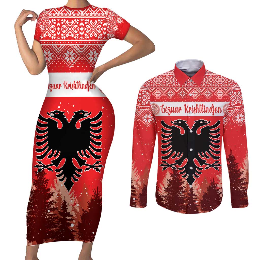 Personalized Albania Christmas Couples Matching Short Sleeve Bodycon Dress and Long Sleeve Button Shirt The Double-headed Eagle Christmas Pattern - Wonder Print Shop