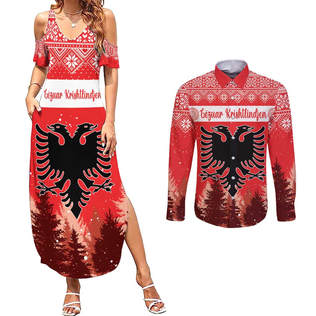 Personalized Albania Christmas Couples Matching Summer Maxi Dress and Long Sleeve Button Shirt The Double-headed Eagle Christmas Pattern - Wonder Print Shop