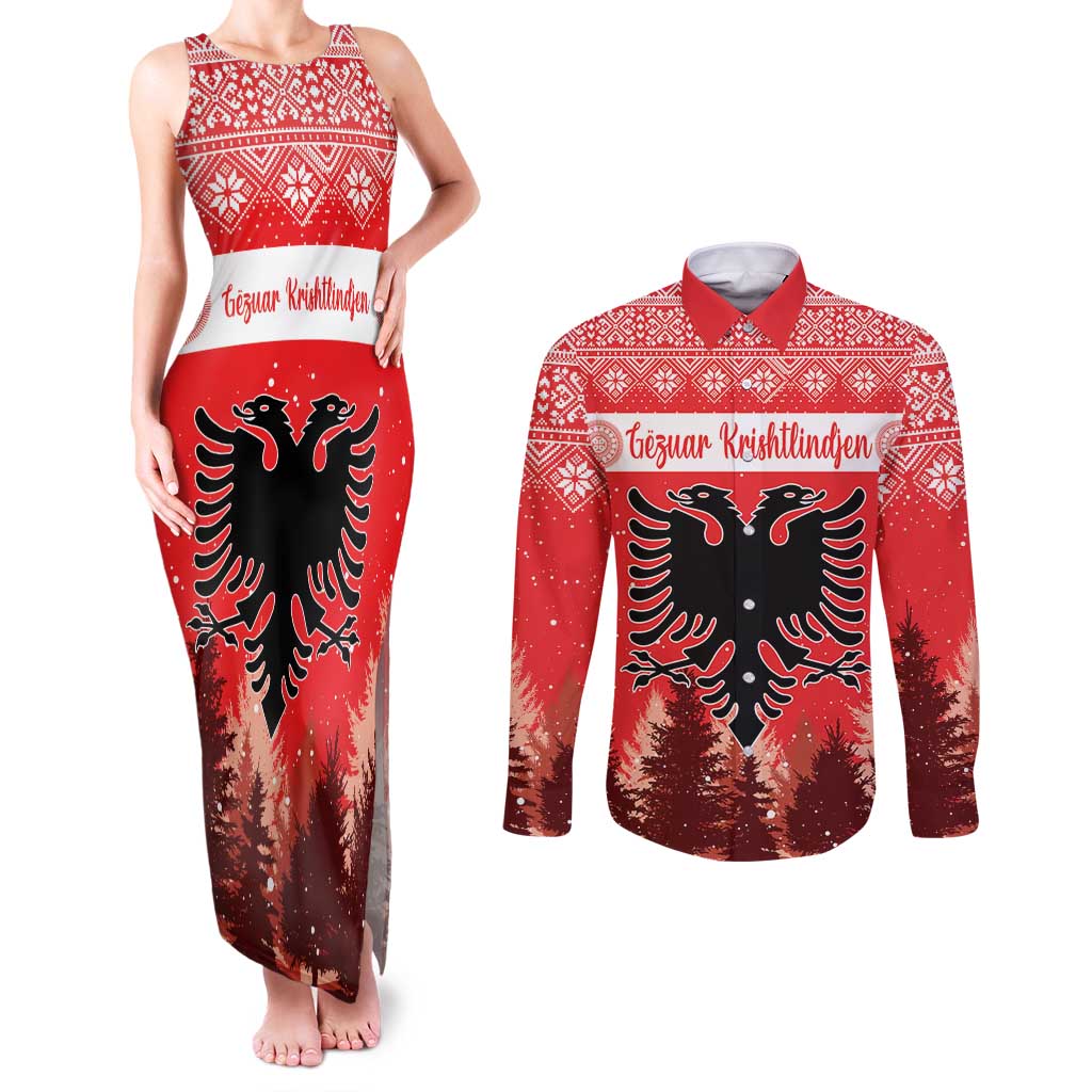 Personalized Albania Christmas Couples Matching Tank Maxi Dress and Long Sleeve Button Shirt The Double-headed Eagle Christmas Pattern - Wonder Print Shop