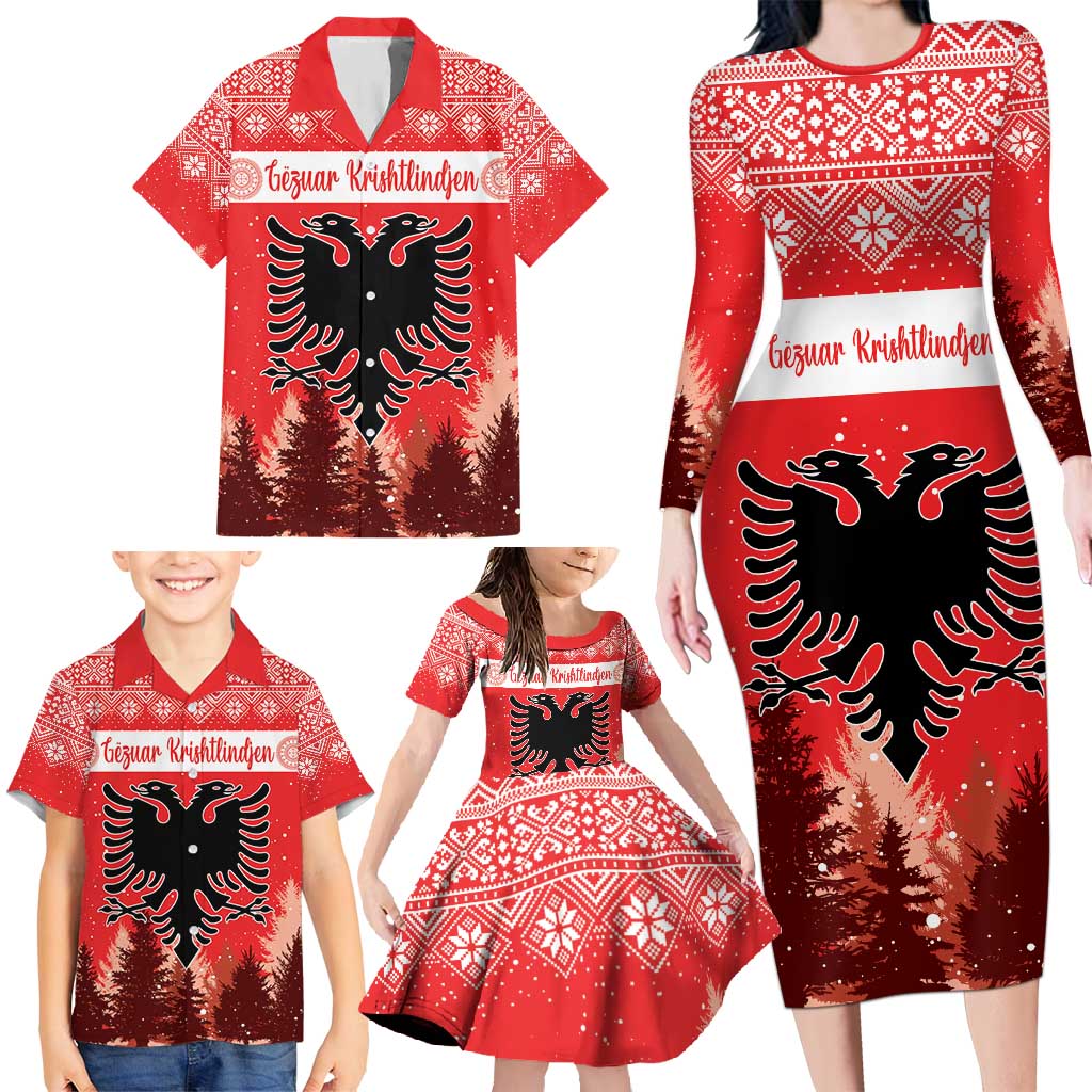 Personalized Albania Christmas Family Matching Long Sleeve Bodycon Dress and Hawaiian Shirt The Double-headed Eagle Christmas Pattern - Wonder Print Shop