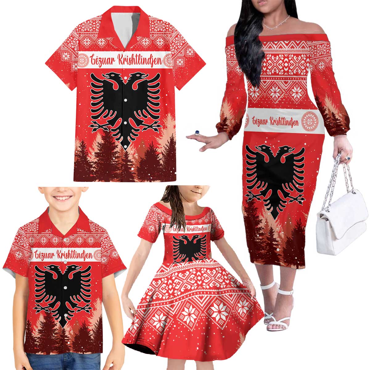 Personalized Albania Christmas Family Matching Off The Shoulder Long Sleeve Dress and Hawaiian Shirt The Double-headed Eagle Christmas Pattern - Wonder Print Shop