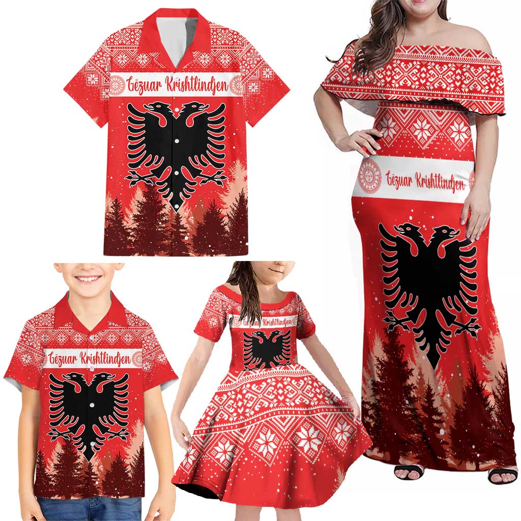 Personalized Albania Christmas Family Matching Off Shoulder Maxi Dress and Hawaiian Shirt The Double-headed Eagle Christmas Pattern - Wonder Print Shop