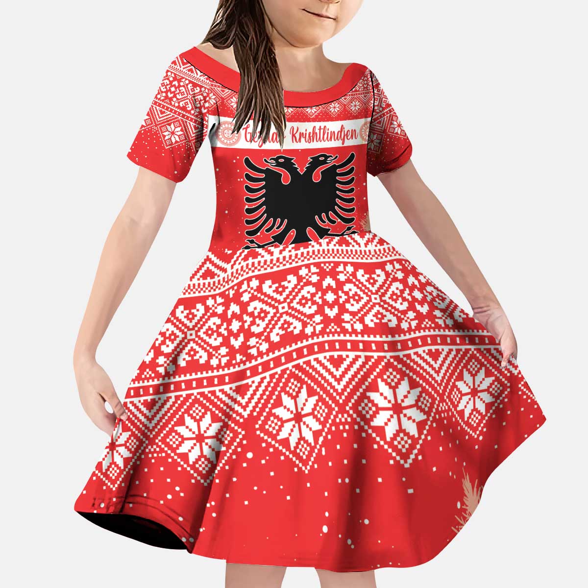 Personalized Albania Christmas Kid Short Sleeve Dress The Double-headed Eagle Christmas Pattern - Wonder Print Shop