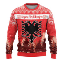 Red ugly Christmas sweater with patterned yoke, double-headed eagle graphic, forest tree scene