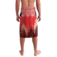 Red Christmas lavalava with white Nordic border and forest pine print, centered panel