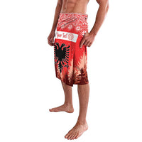 Personalized red Christmas lavalava with eagle emblem, pine forest print, and Your Text