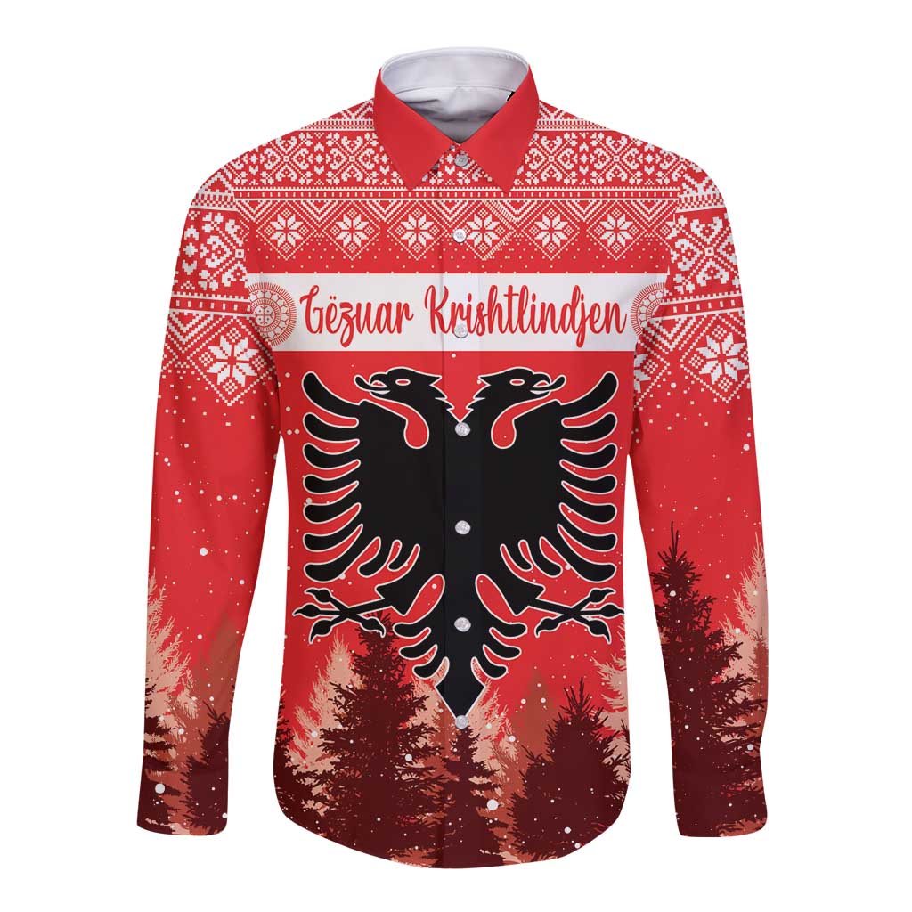 Red long-sleeve button shirt with festive geometric yoke, eagle crest and holiday greeting
