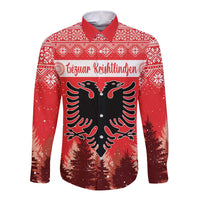 Red long-sleeve button shirt with festive geometric yoke, eagle crest and holiday greeting