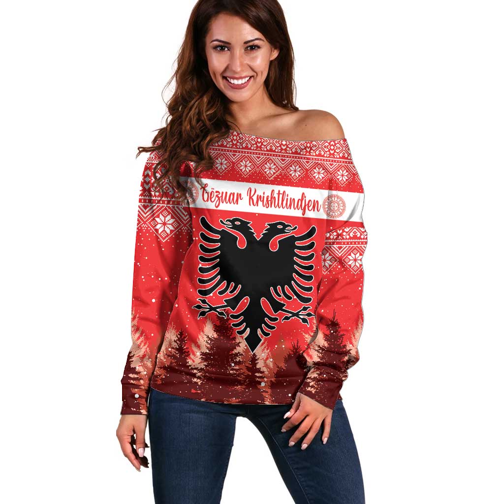 Personalized Albania Christmas Off Shoulder Sweater The Double-headed Eagle Christmas Pattern - Wonder Print Shop