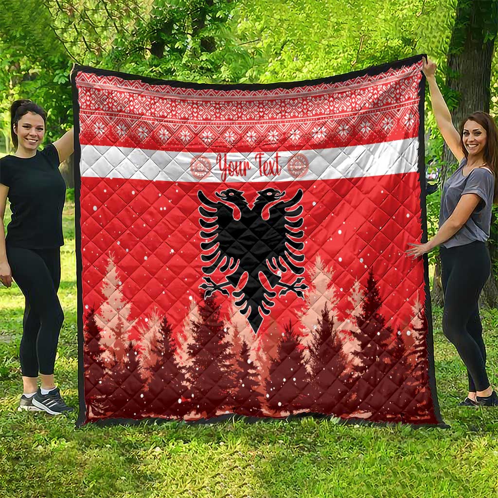 Red and white quilt with personalized text and Albanian double-headed eagle, full view