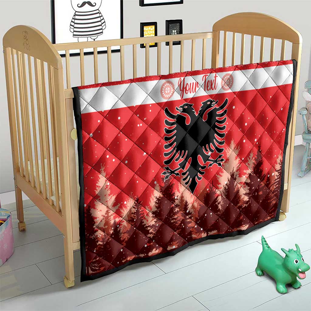 Red and white crib quilt with personalized text and Albanian double-headed eagle