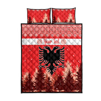Red quilt bed set with pillows, double-headed eagle center, pine trees, personalized text