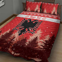 Red quilt bed set with double-headed eagle and pine trees, personalized text ribbon