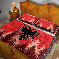 Red quilt bed set with double-headed eagle, pine trees, personalized text stripe