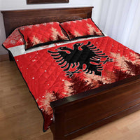 Red quilt bed set with pillows, double-headed eagle, pine trees, border, personalized text