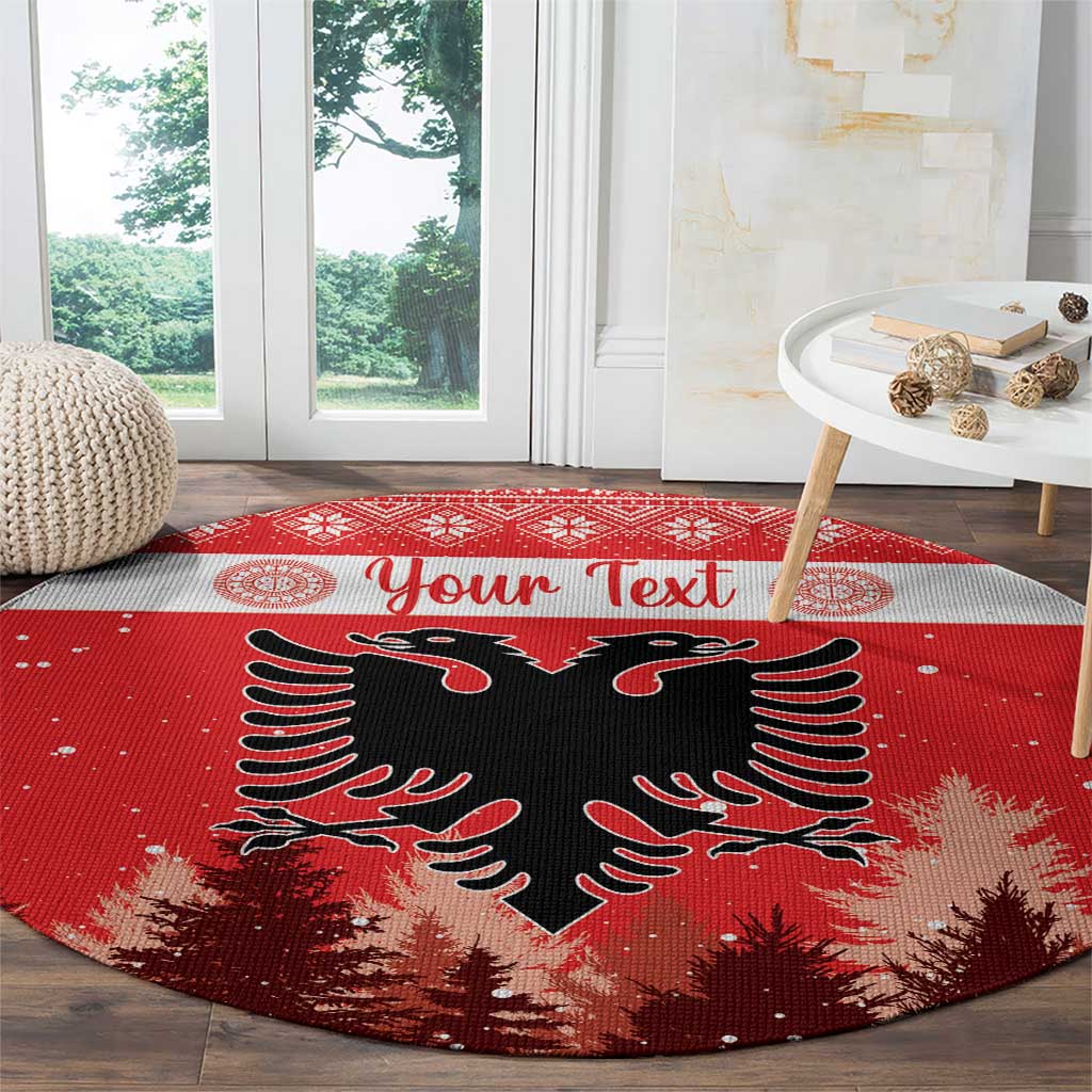 Red round Christmas carpet with black double-headed eagle, pine silhouettes