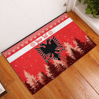 Red personalized rubber doormat with double-headed eagle and pine forest under white stripe