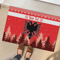 Red personalized rubber doormat with double-headed eagle, pine trees, and “Your Text”