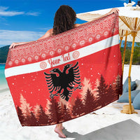 Red Albania Christmas sarong with double-headed eagle, pine trees, and white stripe; Your Text.