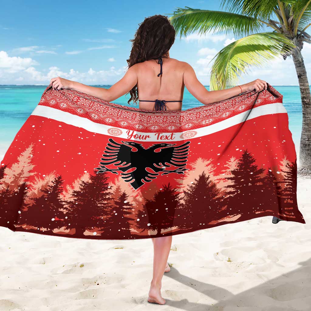 Red Albania sarong with central eagle and pine trees; white stripe and Your Text.