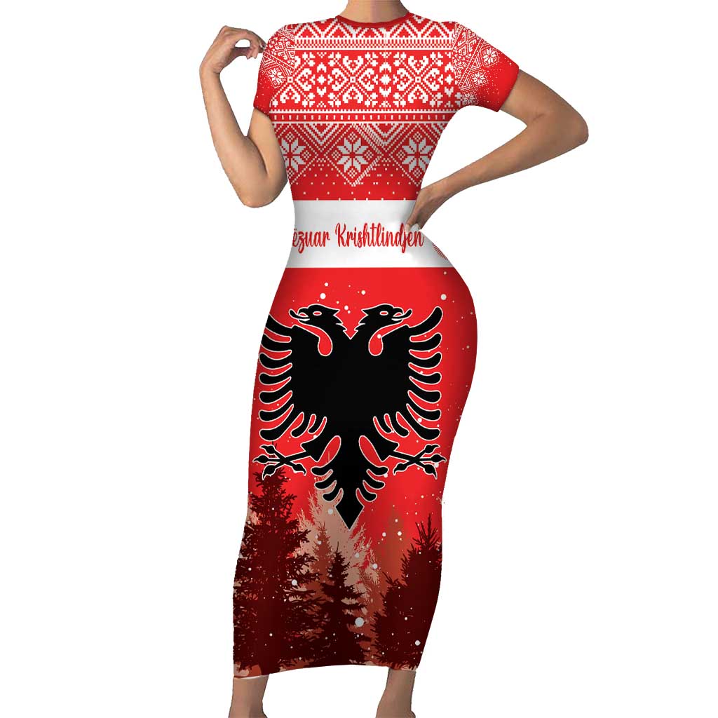 Personalized Albania Christmas Short Sleeve Bodycon Dress The Double-headed Eagle Christmas Pattern - Wonder Print Shop