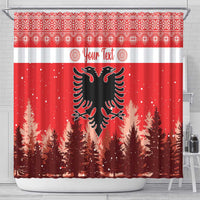 Red and white Christmas shower curtain with centered double-headed eagle and fir tree scene