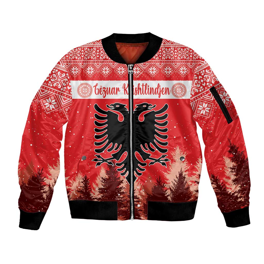 Personalized Albania Christmas Sleeve Zip Bomber Jacket The Double-headed Eagle Christmas Pattern - Wonder Print Shop