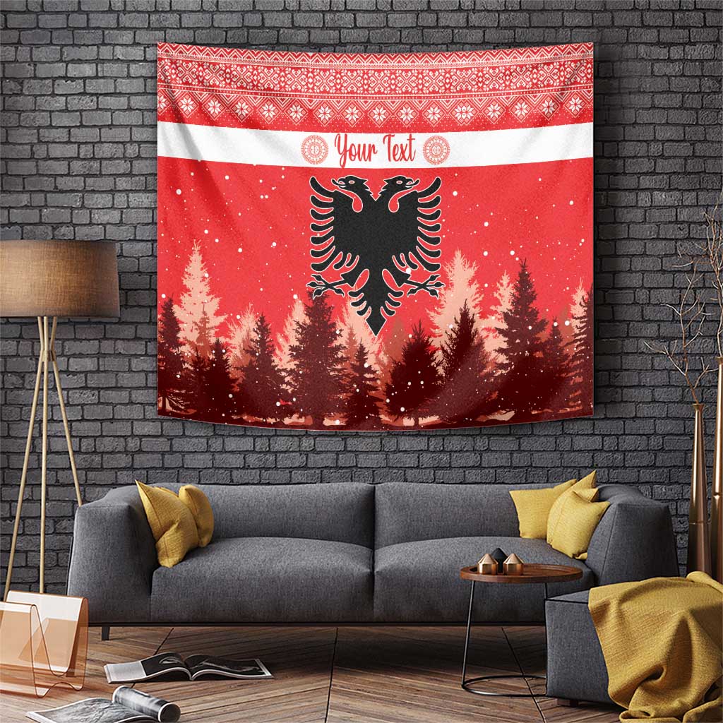 Red Christmas tapestry with double-headed eagle, pine trees, and decorative border stripes.