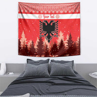 Red holiday wall tapestry featuring double-headed eagle silhouette over pine forest scenery.