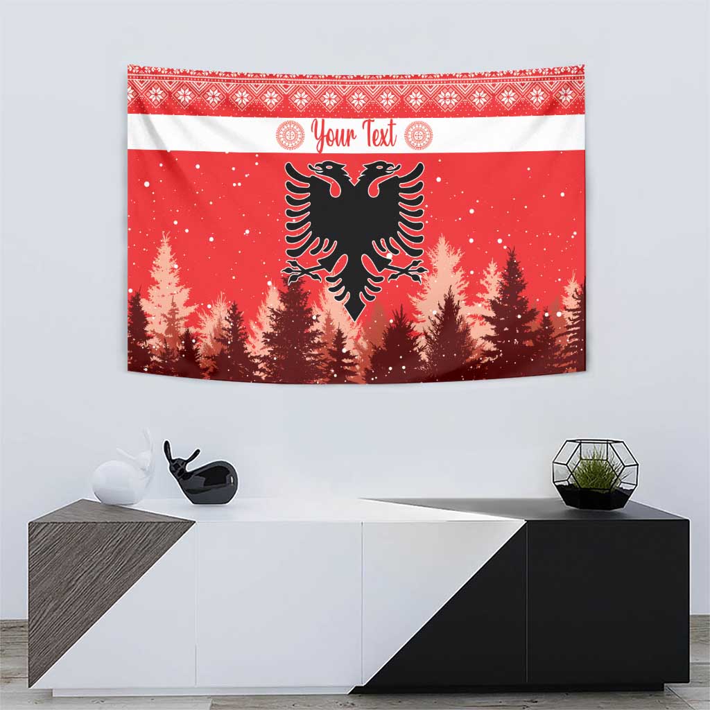 Red patterned Christmas tapestry with double-headed eagle emblem, pine trees, and top border.