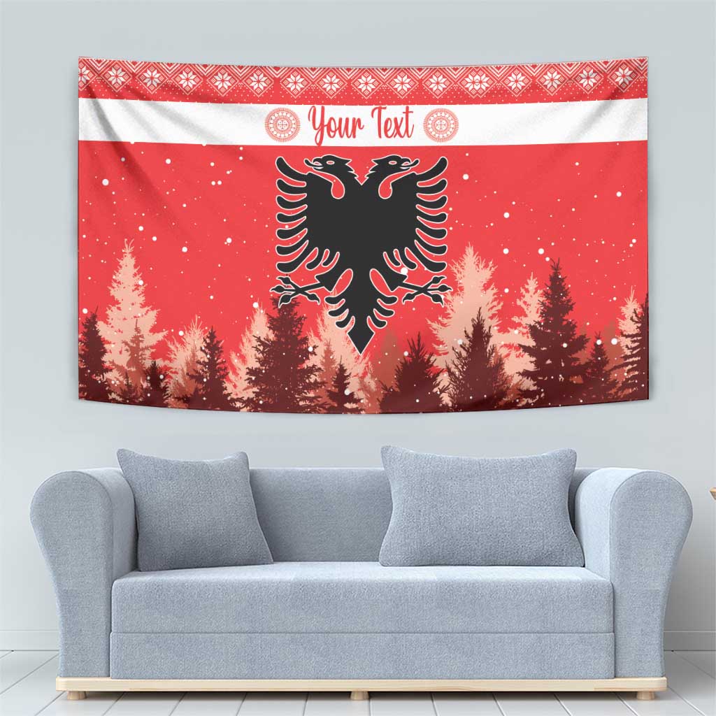 Red Christmas tapestry with double-headed eagle design, speckled sky, and repeating trim band.
