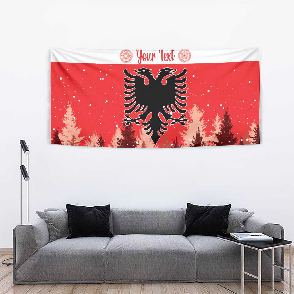 Red holiday tapestry showing double-headed eagle over pine trees with striped decorative header.