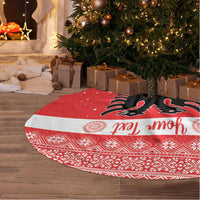 Red Albania tree skirt with double-headed eagle design, round with fringed border