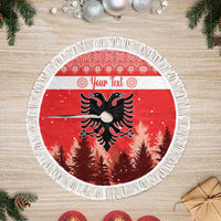 Personalized Albania tree skirt in red and white, black eagle graphic, fringed round edge