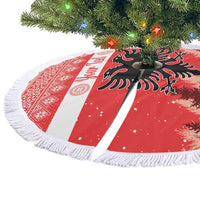 Albania Christmas tree skirt, red and white striped with eagle, round fringed edge