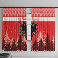 Red Christmas window curtain with white stripe and black double-headed eagle; top hooks
